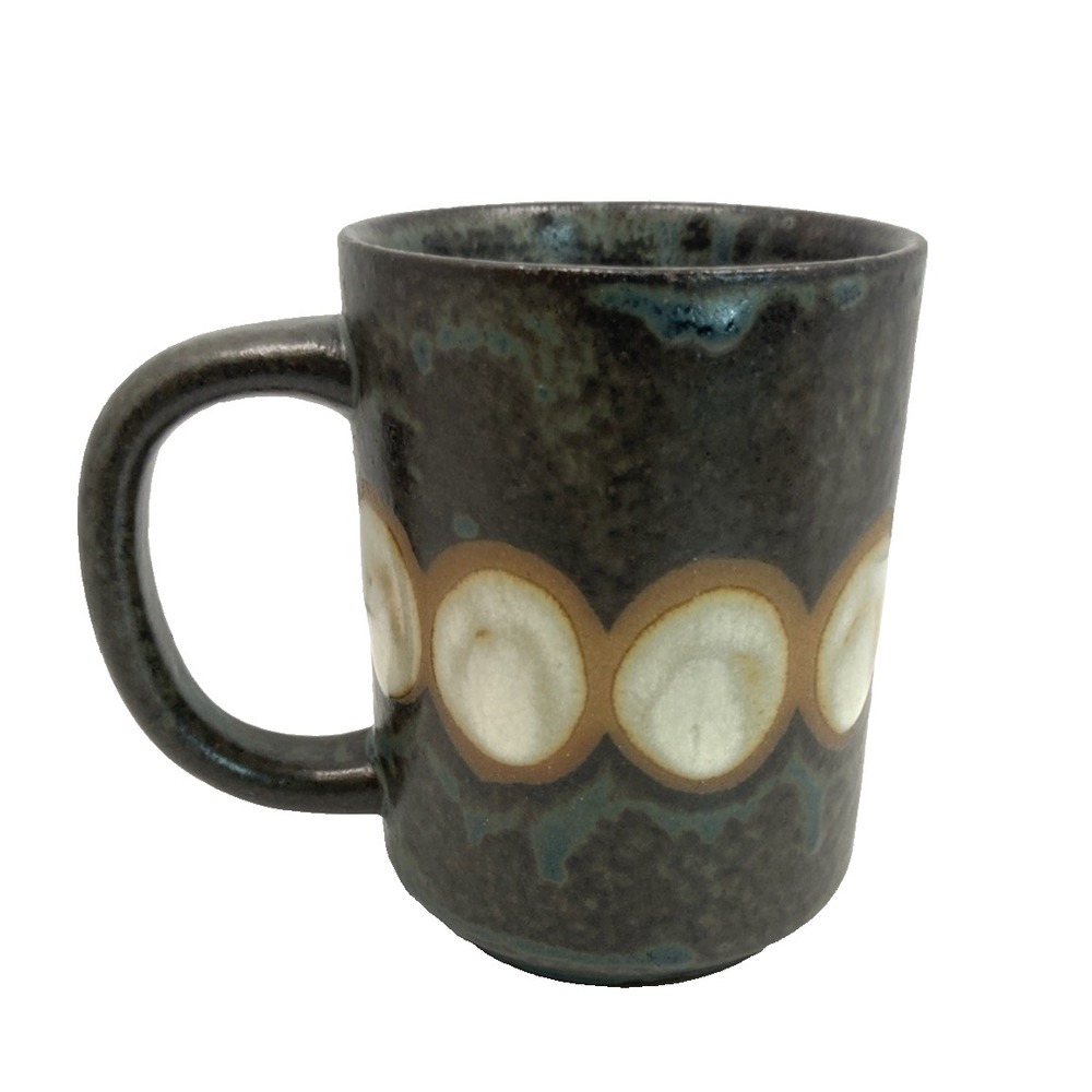 Vintage Stoneware Pottery Mug Black Blue Gray White‎ Circles  4"